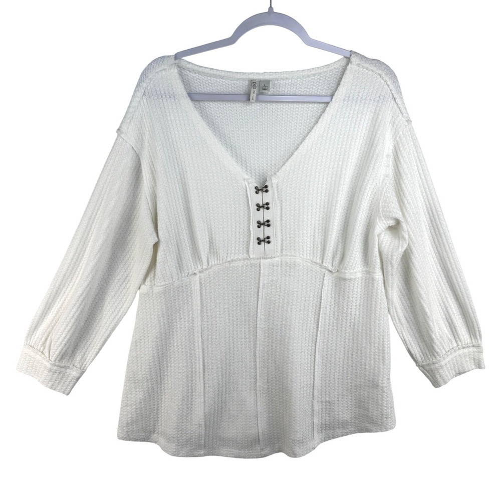 Cato Womens White Waffle Knit Hook Eye V-Neck Babydoll Top Size Large 3/4 Sleeve